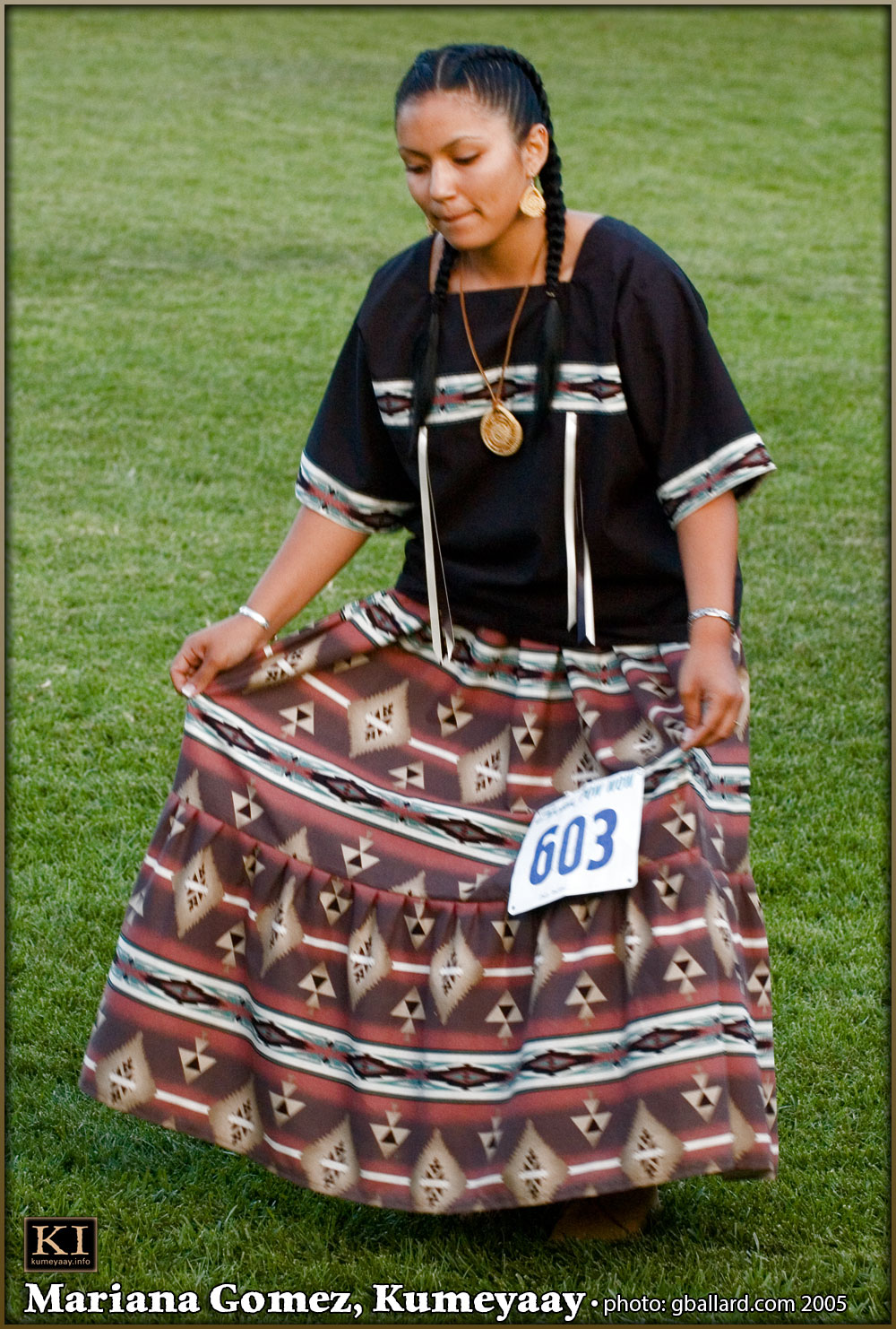 KUMEYAAY DANCER WEARING Kumeyaay Ribbon Shirt and dress.