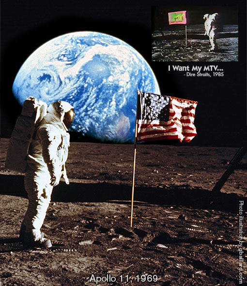 I WANT MY MTV ICONIC MAN ON MOON MTV FLAG POSTER EARTH IN BACG