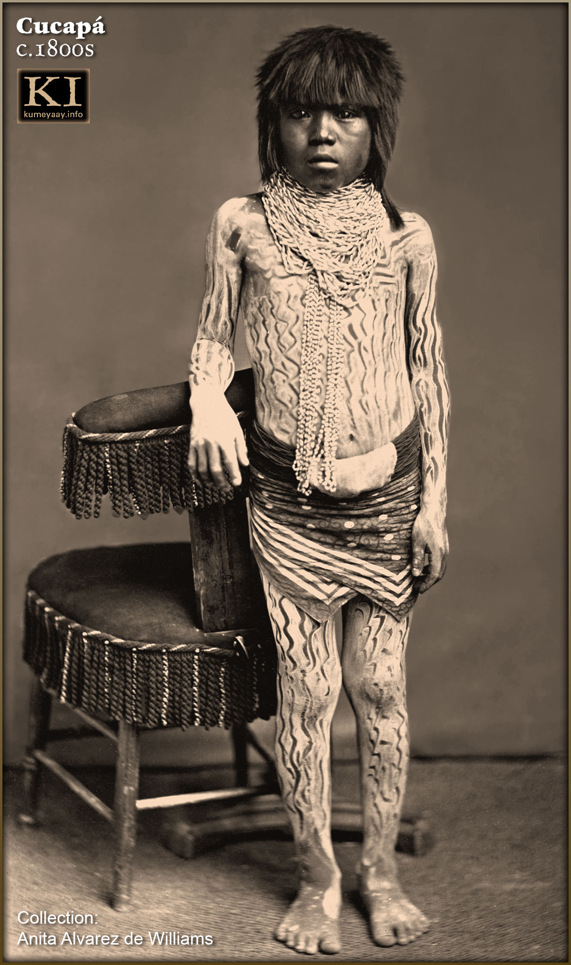 CUCAPA CHILD in full body paint, late 1800s. studio photograph.